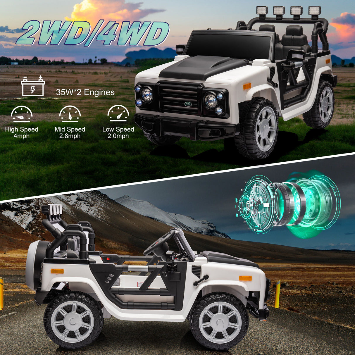 12V7A 30W*2 Four-Wheel Drive Leather Seat One Button Start, Forward And Backward, High And Low Speed, Music, Front Light, Power Display, Two Doors Can Open, 2.4G R / C, Seat Belt Four Wheel Absorber