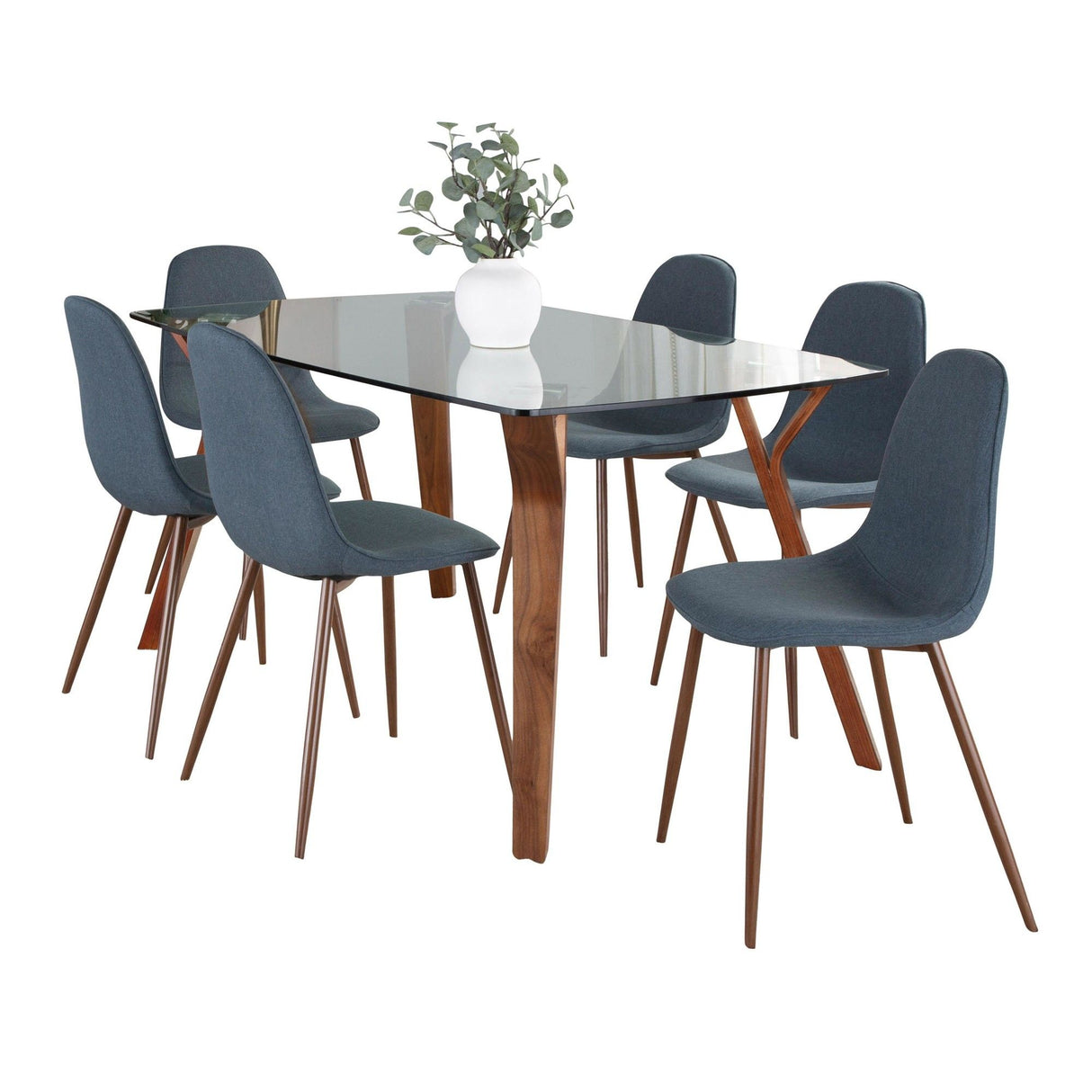 Folia - Pebble Dining Set - Walnut Wood, Clear Tempered Glass, Walnut Metal And Blue Fabric (Set of 7)