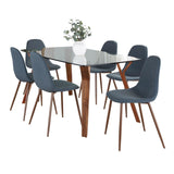 Folia - Pebble Dining Set - Walnut Wood, Clear Tempered Glass, Walnut Metal And Blue Fabric (Set of 7)