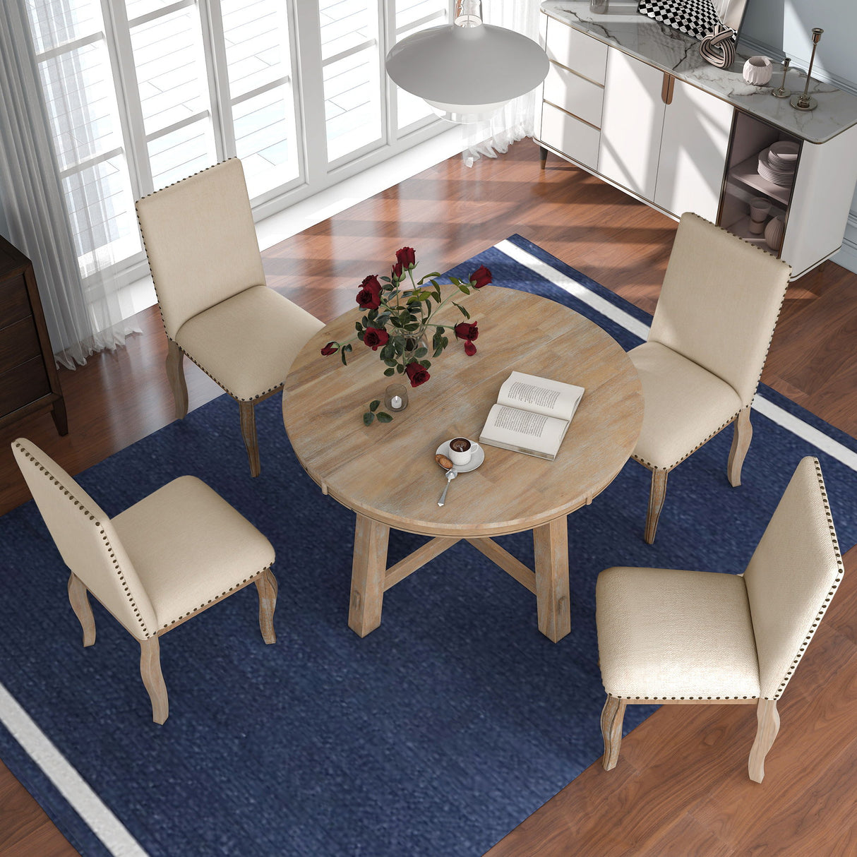 Farmhouse Dining Table Set Wood Round Extendable Dining Table And Upholstered Dining Chairs