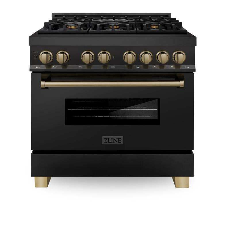 ZLINE Autograph Edition 36" 4.6 cu. ft. Dual Fuel Range with Gas Stove and Electric Oven in Black Stainless Steel with Accents (RABZ-36) [Color: Champagne Bronze] - (RABZ36CB)