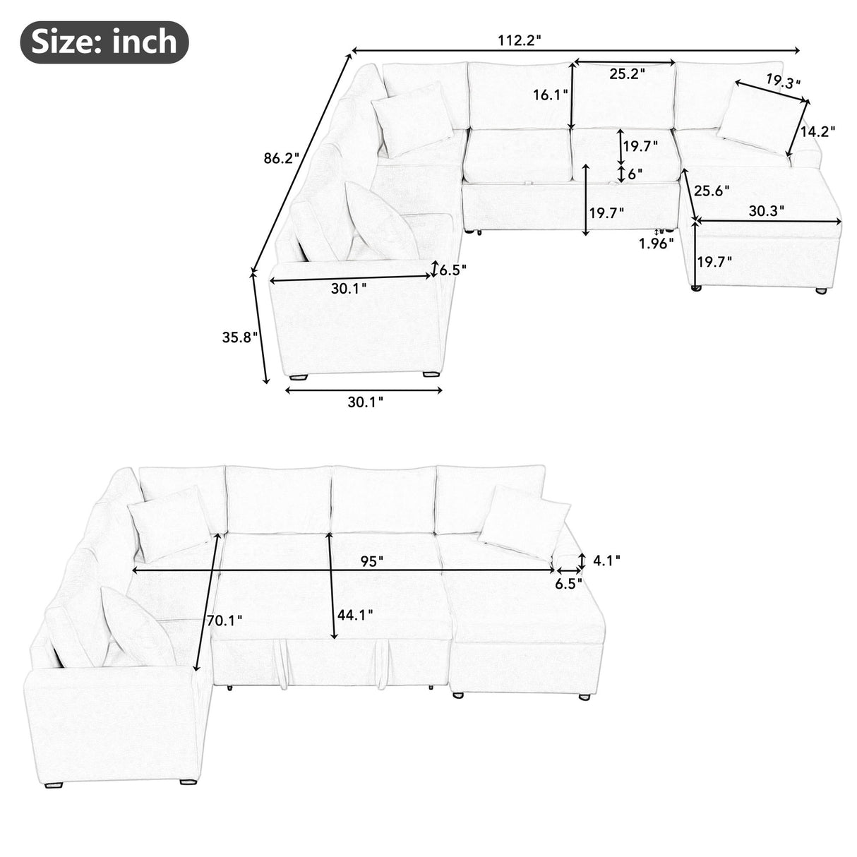 Sectional Sofa Pull-Out Sofa Bed Sleeper With A Storage Ottoman, Three Pillows And Charging Devices For Living Room