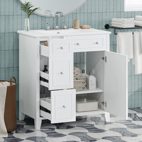 Bathroom Vanity Cabinet With Ceramic Basin, Double-Layer Drawer, Deep Drawer And Adjustable Shelf