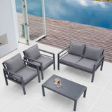 4 Piece Aluminum Outdoor Patio Conversation Set, All Weather Sectional Sofa Outside Furniture With Removable Cushions And Tempered Glass Coffee Table - Gray