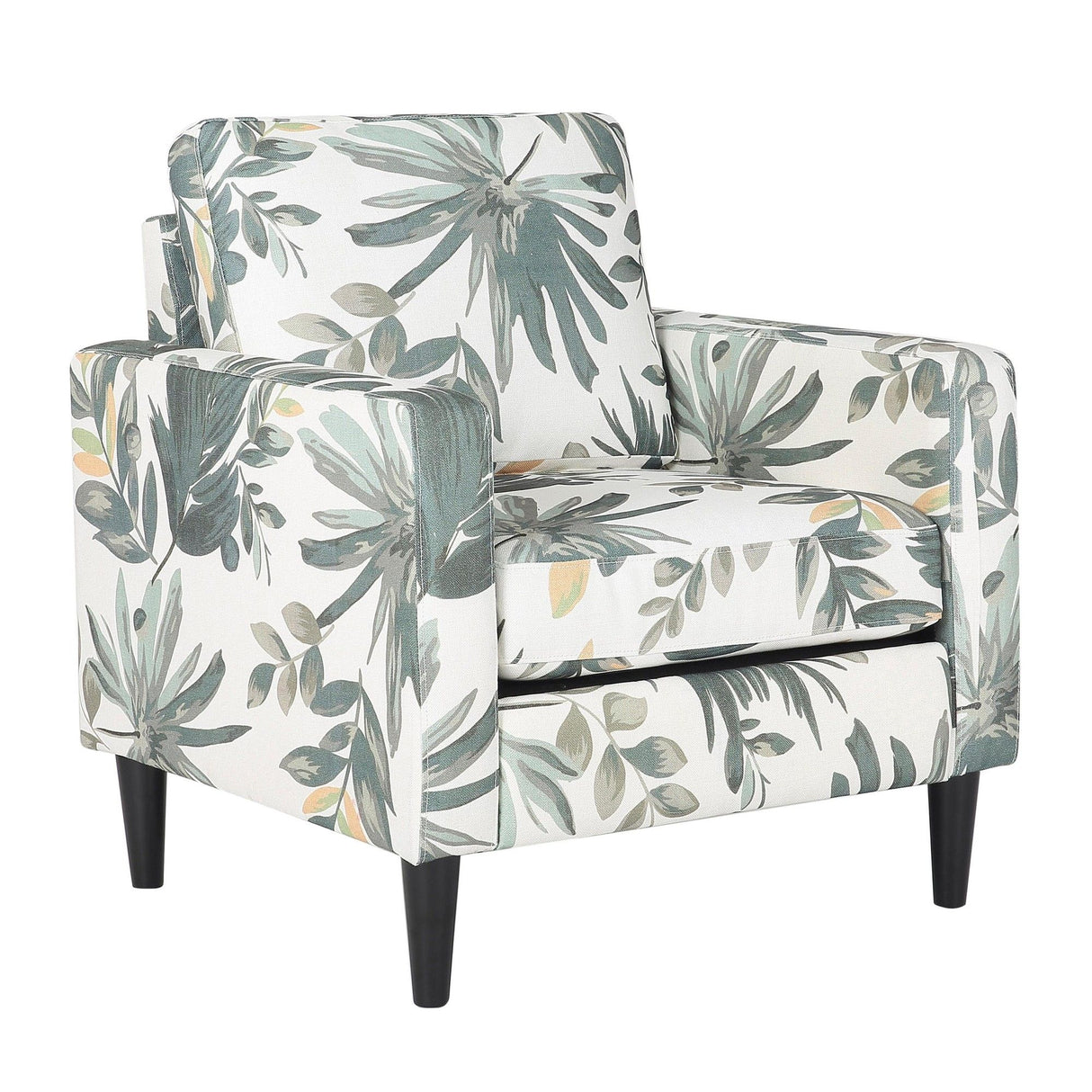 Wendy - Arm Chair - Black Wood And Cream With Green Floral Print Fabric