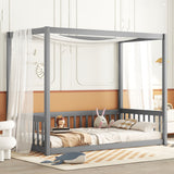 Canopy Frame Floor Bed With Fence, Guardrails