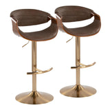 Symphony - Adjustable Barstool With Swivel - Gold Metal, Walnut Wood, And Espresso Faux Leather With Rounded T Footrest (Set of 2)