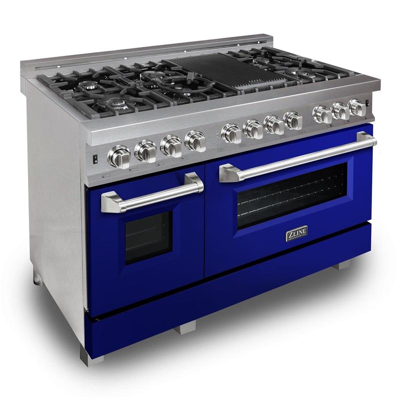 ZLINE 48 in. DuraSnow Stainless Steel 6.0 cu.ft. 7 Gas Burner/Electric Oven Range with Color Door Options (RAS-SN-48) [Color: Blue Gloss] - (RASBG48)