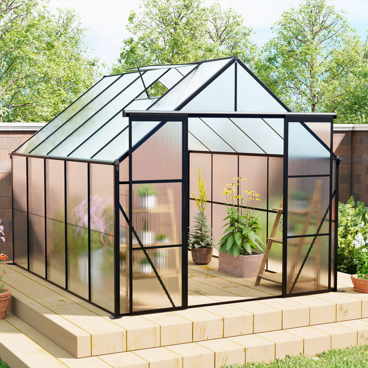 Double Door Polycarbonate Greenhouse Raised Base And Anchor Aluminum Heavy Duty Walk In Greenhouses For Outdoor Backyard In All Season