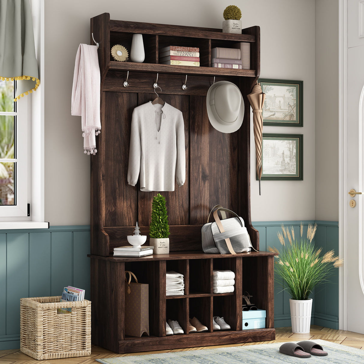 Hall Tree With 6 Hooks, Coat Hanger, Entryway Bench, Storage Bench, 3 In 1 Design, For Entrance, Hallway