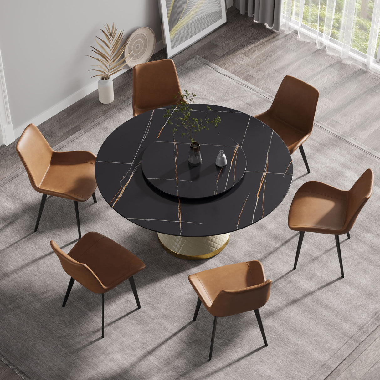 59.05" Modern Artificial Stone Round Carbon Steel Base Dining Table, Can Accommodate 6 People, Artificial Stone Turntable - White / Black