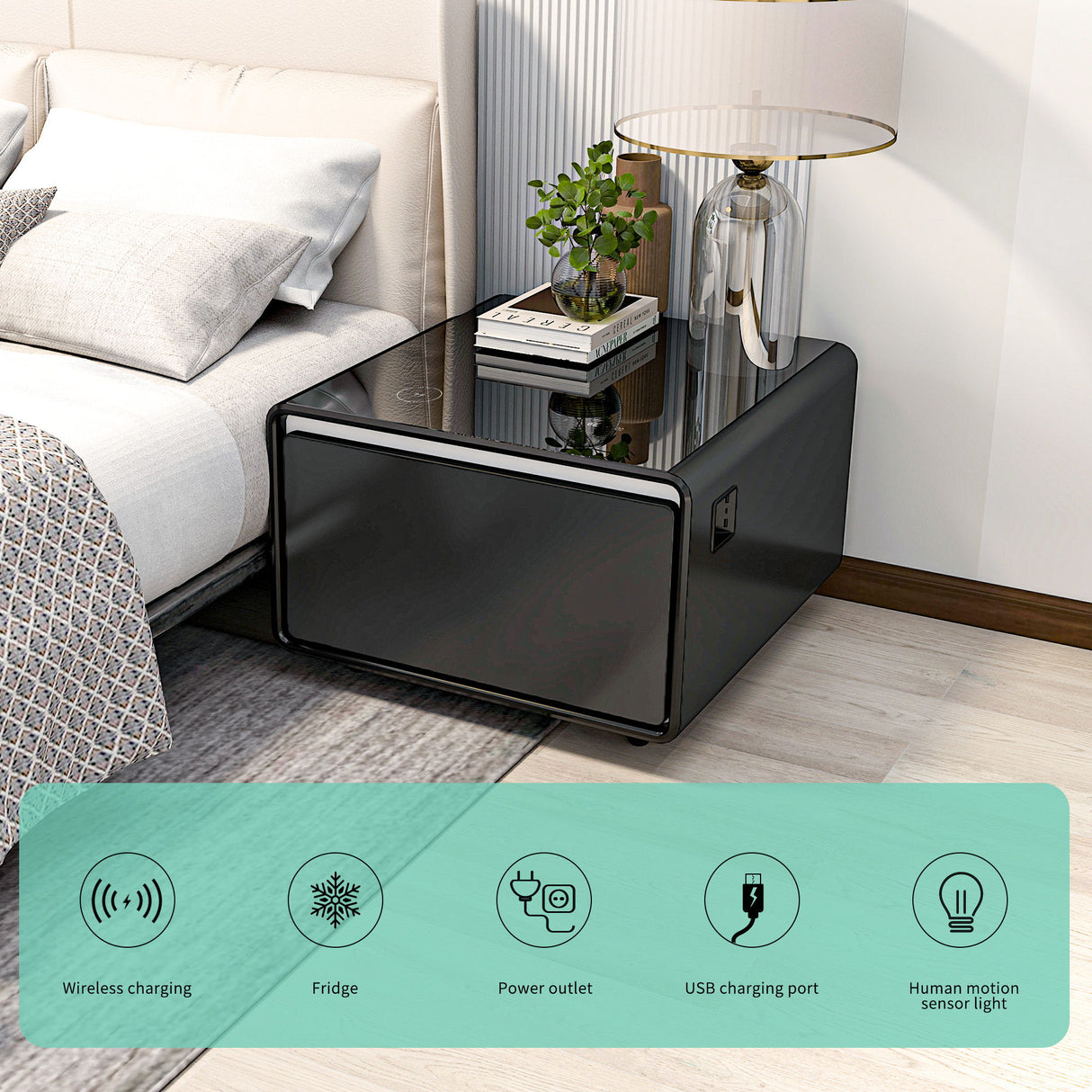 Modern Smart Side Table With Built-In Fridge, Wireless Charging, Temperature Control, Power Socket, USB Ports, Outlet Protection, Induction Light