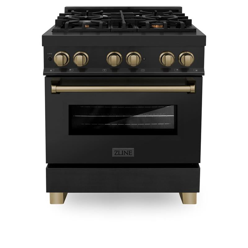 ZLINE Autograph Edition 30" 4.0 cu. ft. Dual Fuel Range with Gas Stove and Electric Oven in Black Stainless Steel with Accents (RABZ-30) [Color: Champagne Bronze] - (RABZ30CB)