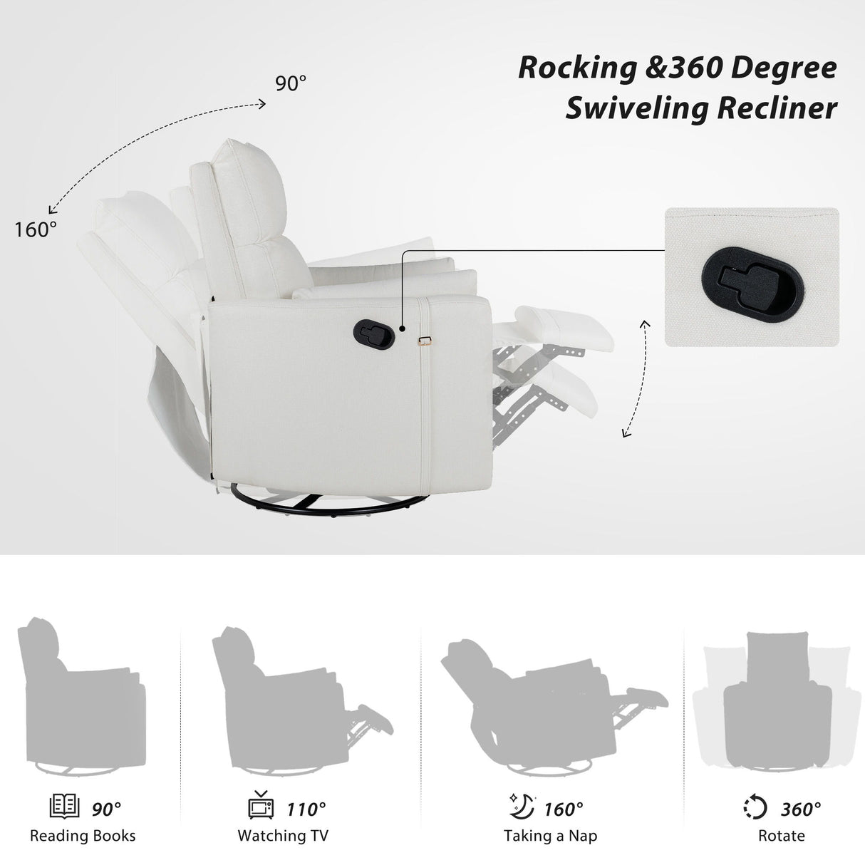 Upholstered Swivel Recliner Manual Rocker Recliner Chair Baby Nursery Chair With Two Removable Pillows For Living Room