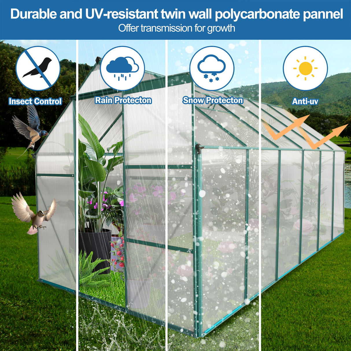 Polycarbonate Greenhouse Raised Base And Anchor Aluminum Heavy Duty Walk-In Greenhouses For Outdoor Backyard In All Season