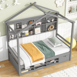 House Bed With Roof Frame, Bedside-Shelves, Under Bed Storage Unit