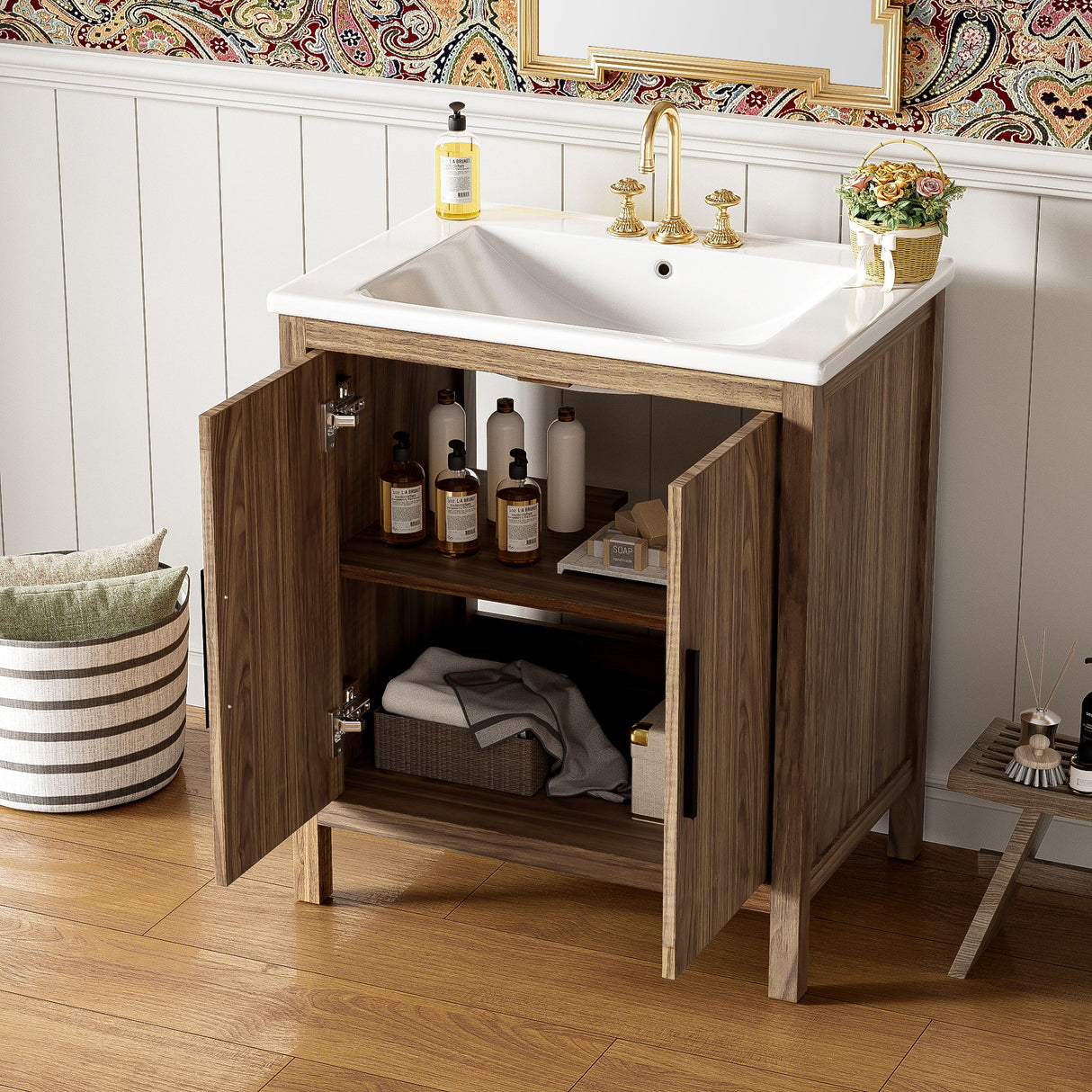 Bathroom Vanity With Single Sink, Combination Under Counter Sink, Bathroom Storage Cabinet With Soft Closing Door, Multi-Function Storage, Solid Wood Frame - Light Brown