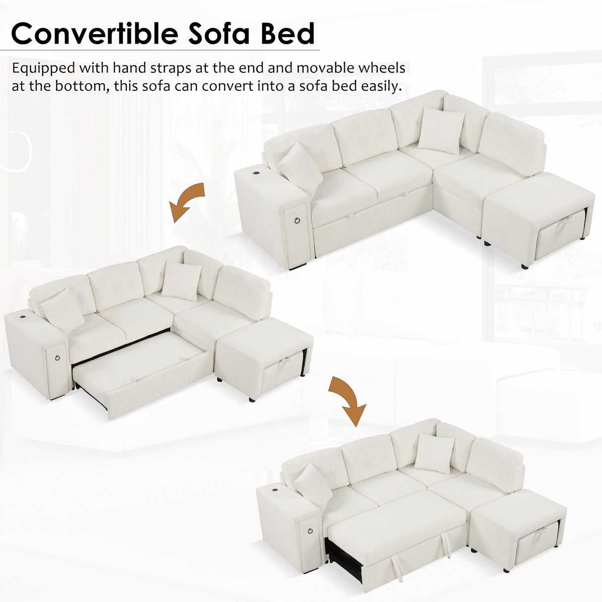 Sectional Sofa L-Shaped Sofa Couch Pull-Out Sofa Bed With A Movable Ottoman, Two USB Ports And Two Cup Holders For Living Room