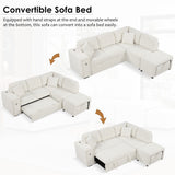 Sectional Sofa L-Shaped Sofa Couch Pull-Out Sofa Bed With A Movable Ottoman, Two USB Ports And Two Cup Holders For Living Room