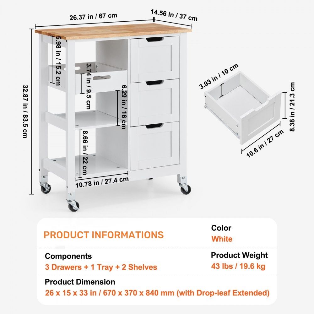 Rolling Portable Small Kitchen Island Cart On Wheels With Solid Wood Top, Dining Room Serving Utility Carts Mobile Movable With 3 Drawers And Storage Shelves Cabinet - White