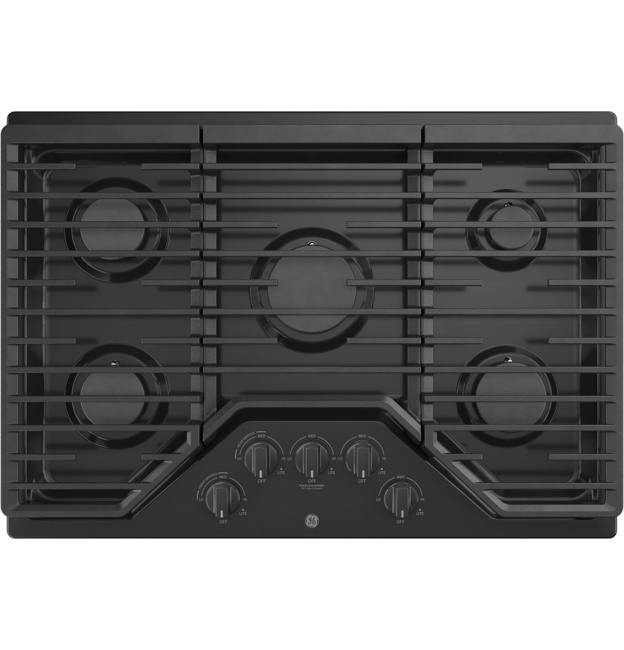 GE(R) 30" Built-In Gas Cooktop with 5 Burners and Dishwasher Safe Grates - (JGP5030DLBB)