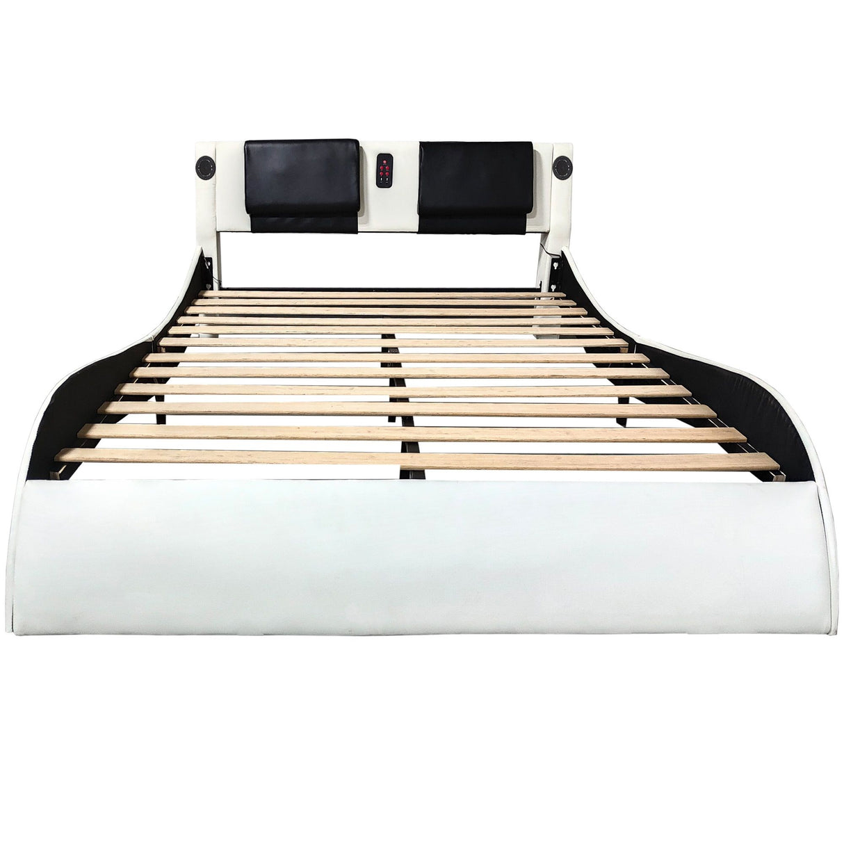 Upholstered Platform Bed Frame With LED Lighting, Bluetooth Connection To Play Music Control, Backrest Vibration Massage, Curve Design, Wood Slat Support, Exhibited Speakers