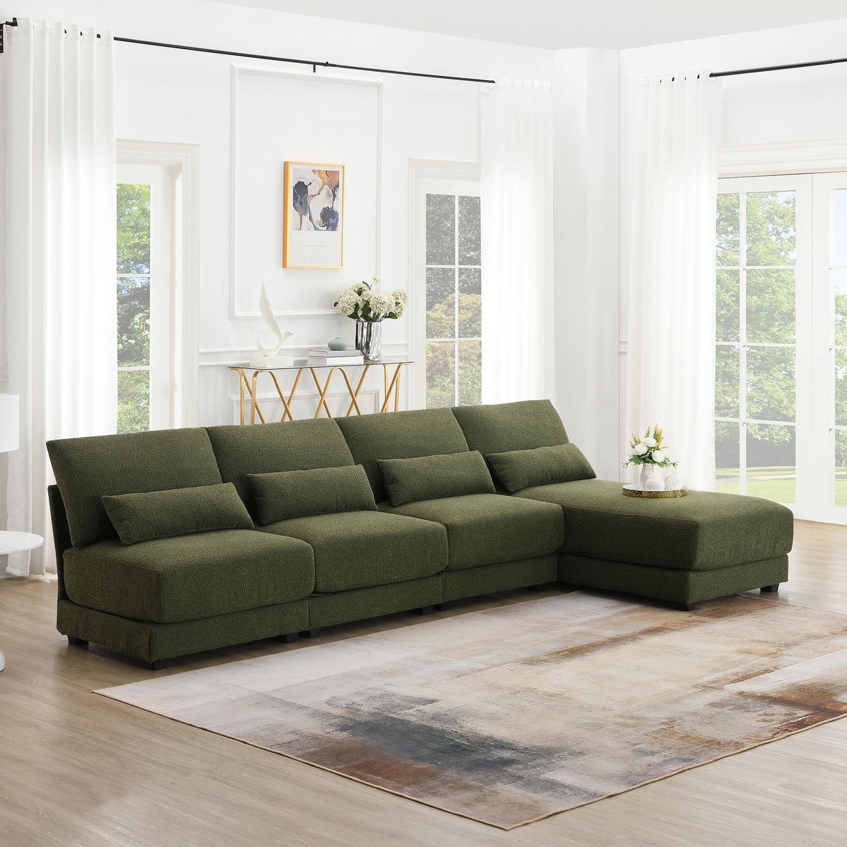 Oversized Deep Seat Sectional Sofa With Reversible Chaise, Loop Yarn Fabric 5-Seat Armless Indoor Furniture, Convertible L-Shaped Couch For Living Room, Apartment