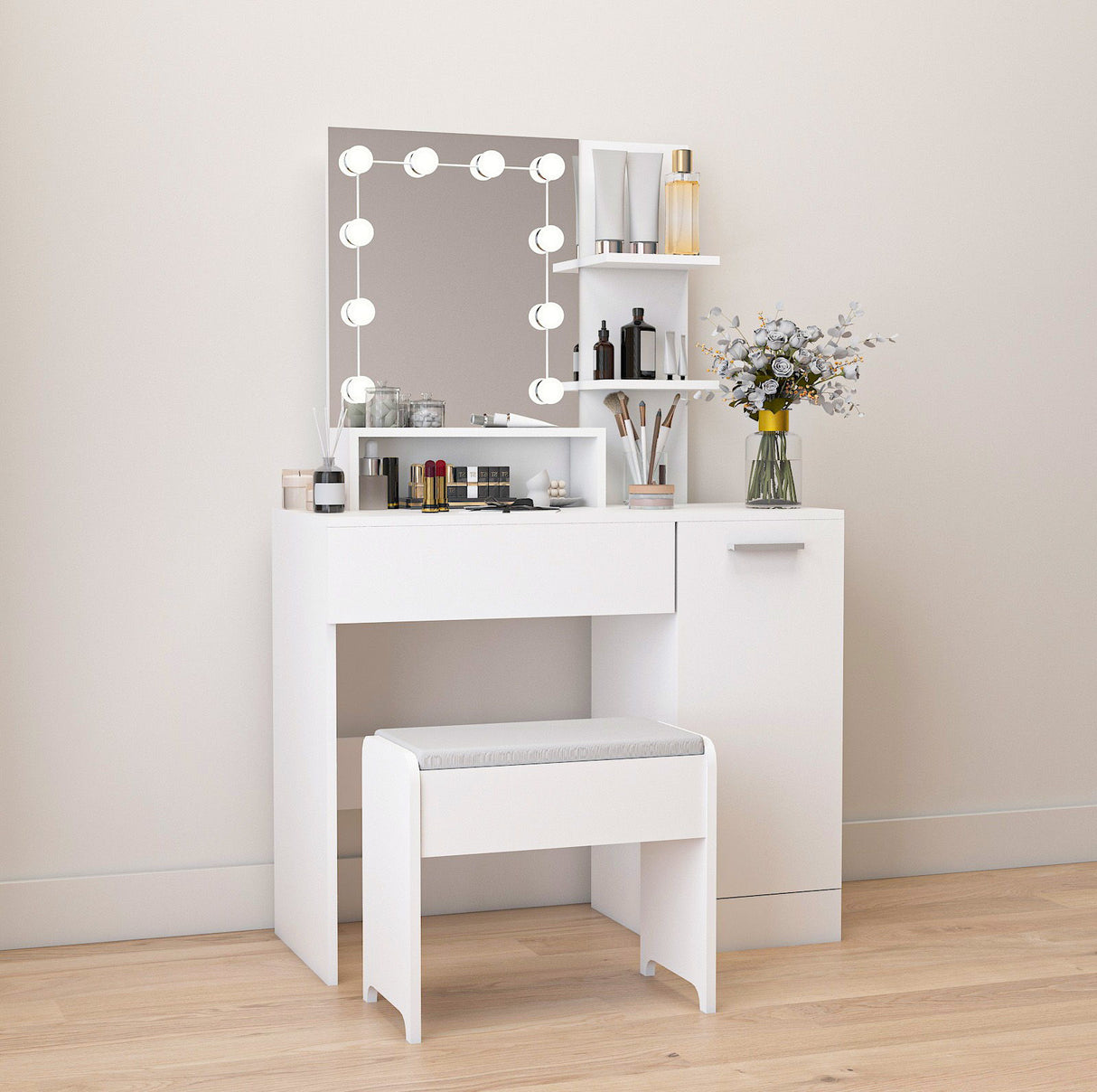 Makeup Vanity Table Set With Drawer And Storage Cabinet, Dressing Table With Vanity Cushioned Stool For Bedroom, Makeup Room - White