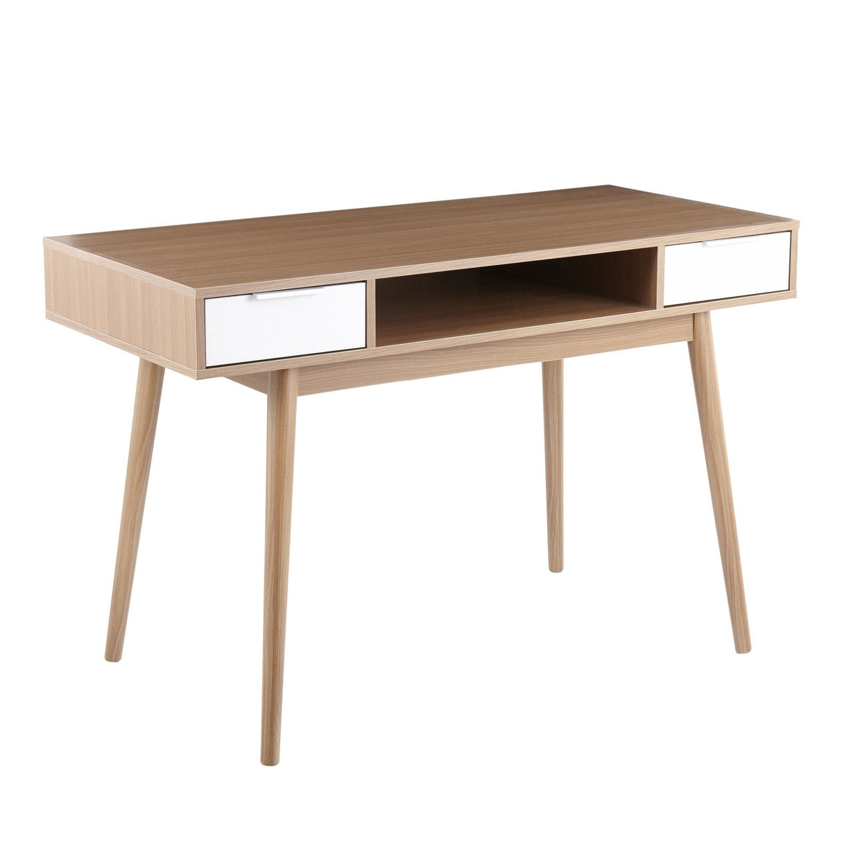 Pebble - Double Desk - Natural Wood With White Wood Drawers