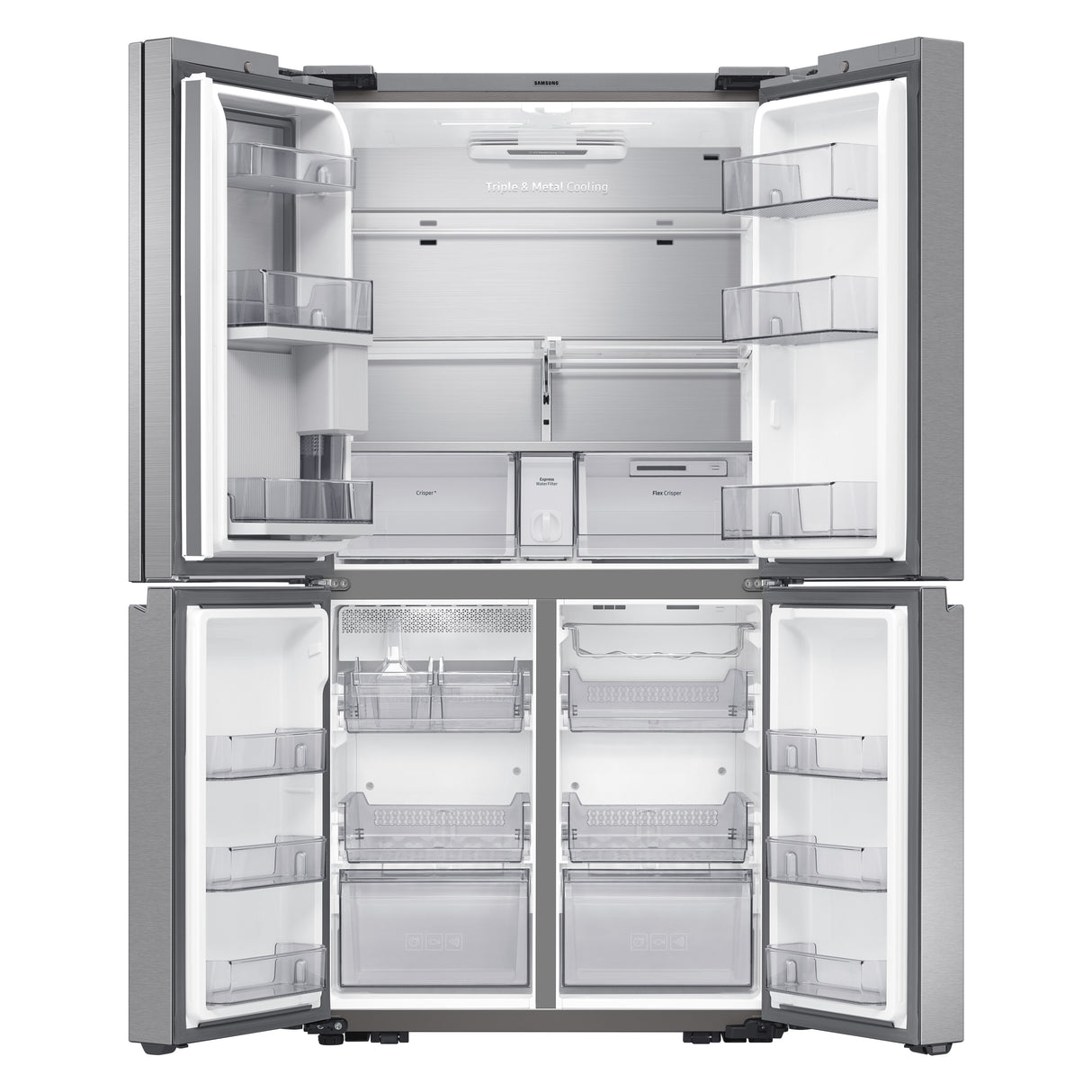 23 cu. ft. Smart Counter Depth 4-Door Flex(TM) refrigerator with Family Hub(TM) and Beverage Center in Stainless Steel - (RF23A9771SR)