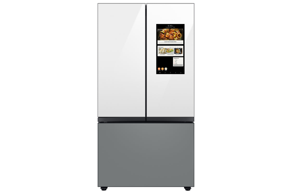 Bespoke 3-Door French Door Refrigerator (30 cu. ft.) - with Top Left and Family Hub(TM) Panel in White Glass - and Matte Grey Glass Bottom Door Panel - (RF30BB69006MAA)