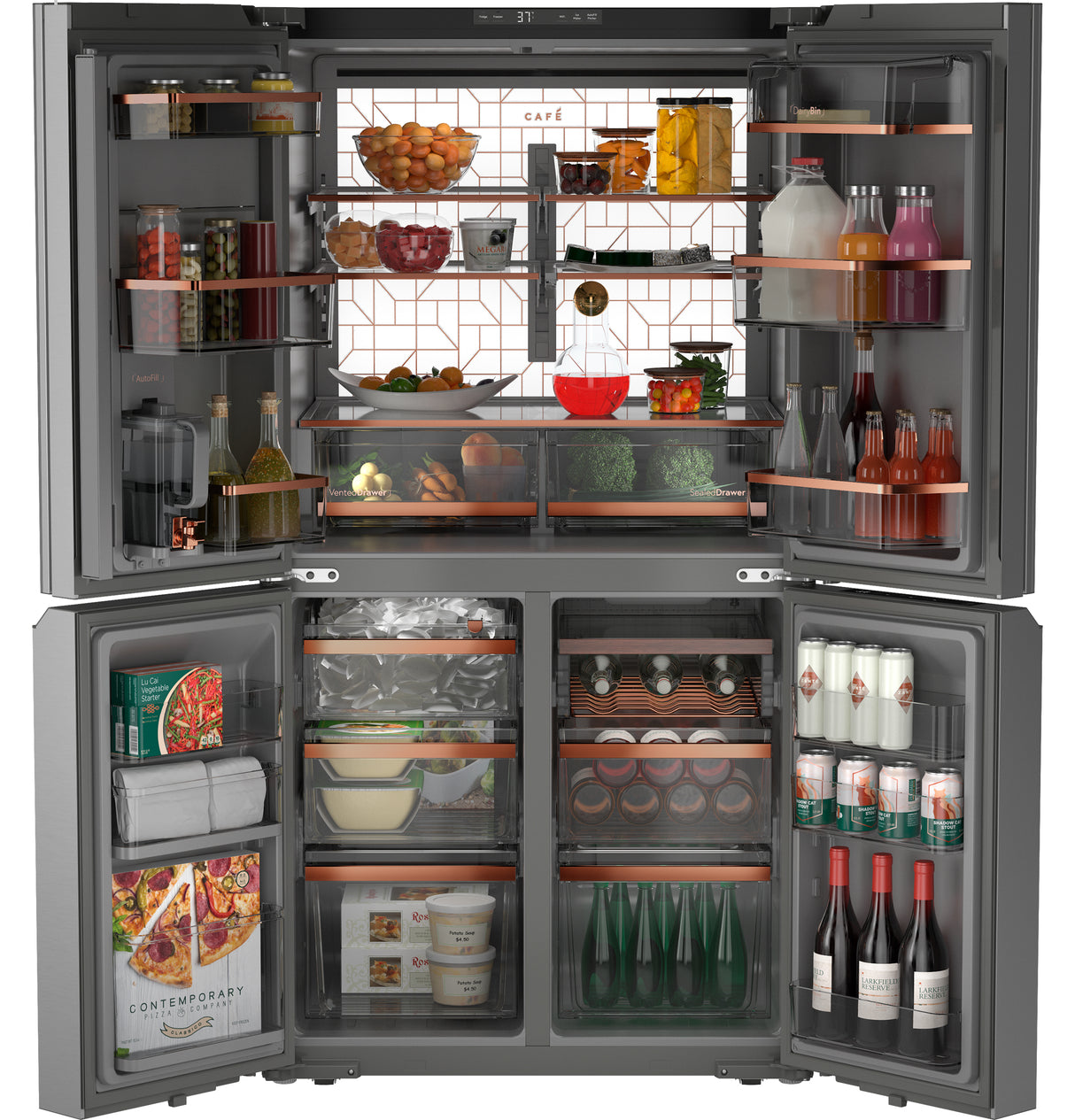 Caf(eback)(TM) ENERGY STAR(R) 27.4 Cu. Ft. Smart Quad-Door Refrigerator in Platinum Glass with Dual-Dispense AutoFill Pitcher - (CAE28DM5TS5)