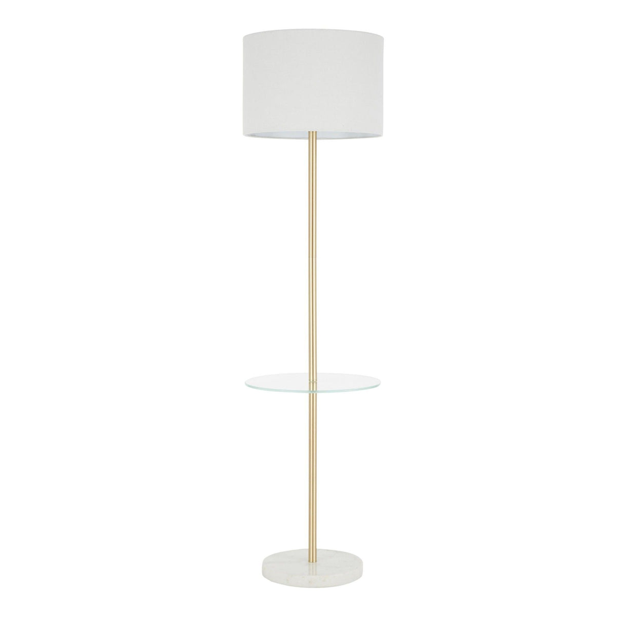 Chloe - Shelf Floor Lamp - White Marble Base, Clear Glass Shelf And White Linen Shade