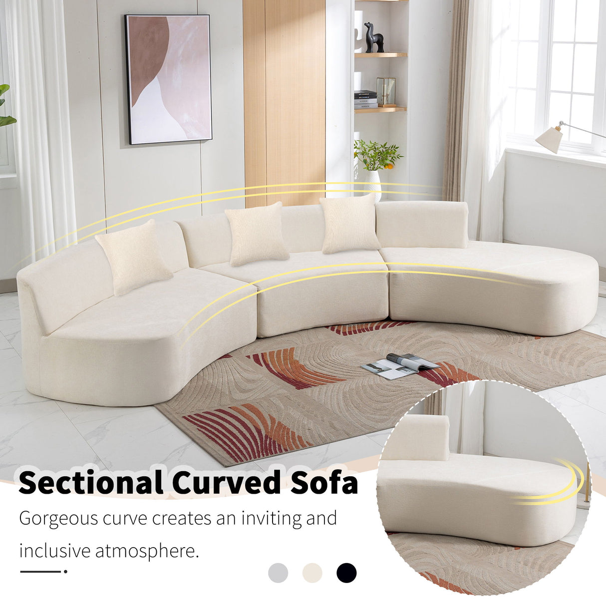 Stylish Curved Sofa Sectional Sofa Chenille Sofa Couch With Three Throw Pillows For Living Room