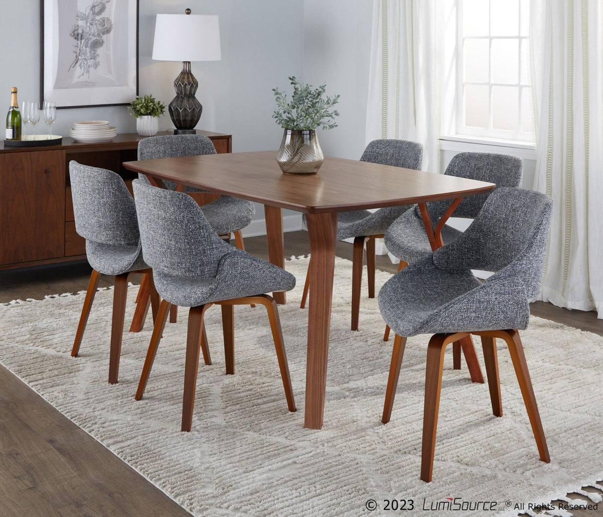 Folia - Trevi Square Dining Set - Walnut Wood With Clear Glass Tabletop And Gray Fabric (Set of 5)