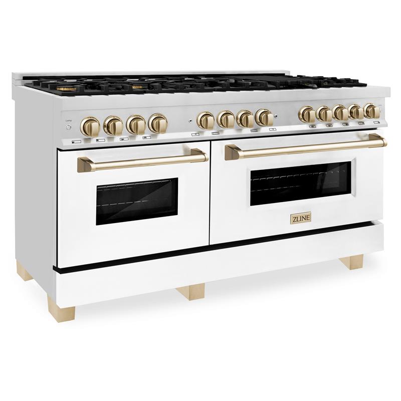 ZLINE Autograph Edition 60" 7.4 cu. ft. Dual Fuel Range with Gas Stove and Electric Oven in Stainless Steel with White Matte Door and Accents (RAZ-WM-60) [Color: Champagne Bronze] - (RAZWM60CB)