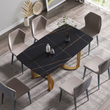 63" Modern Artificial Stone Curved Golden Metal Leg Dining Table, 6 People - Black / Gold