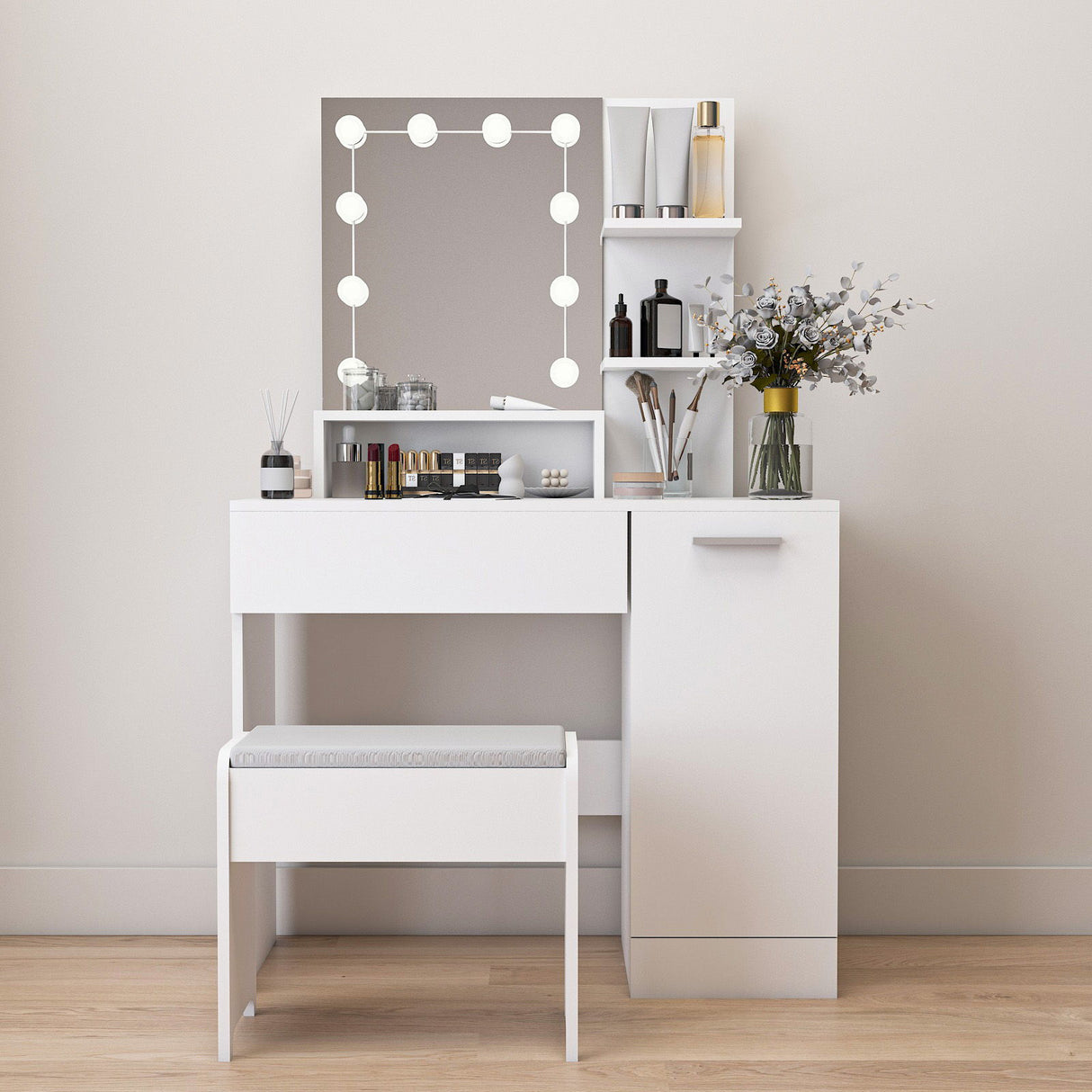 Makeup Vanity Table Set With Drawer And Storage Cabinet, Dressing Table With Vanity Cushioned Stool For Bedroom, Makeup Room - White