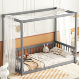 Canopy Frame Floor Bed With Fence, Guardrails