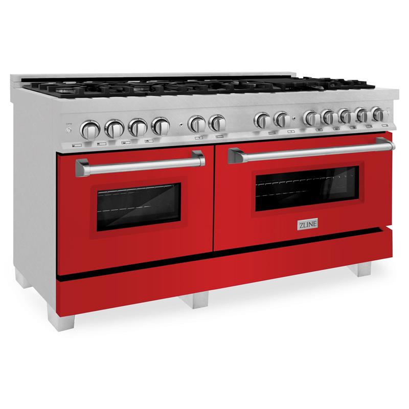 ZLINE 60 in. 7.4 cu. ft. Dual Fuel Range with Gas Stove and Electric Oven in DuraSnow Stainless Steel and Colored Door Options (RAS-60) [Color: DuraSnow Stainless Steel with Red Matte Door] - (RASRM60)