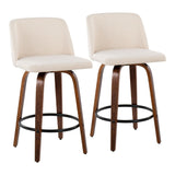 Toriano - Fixed - Height Counter Stool - Walnut Wood With Round Black Footrest And Cream Noise Fabric (Set of 2)