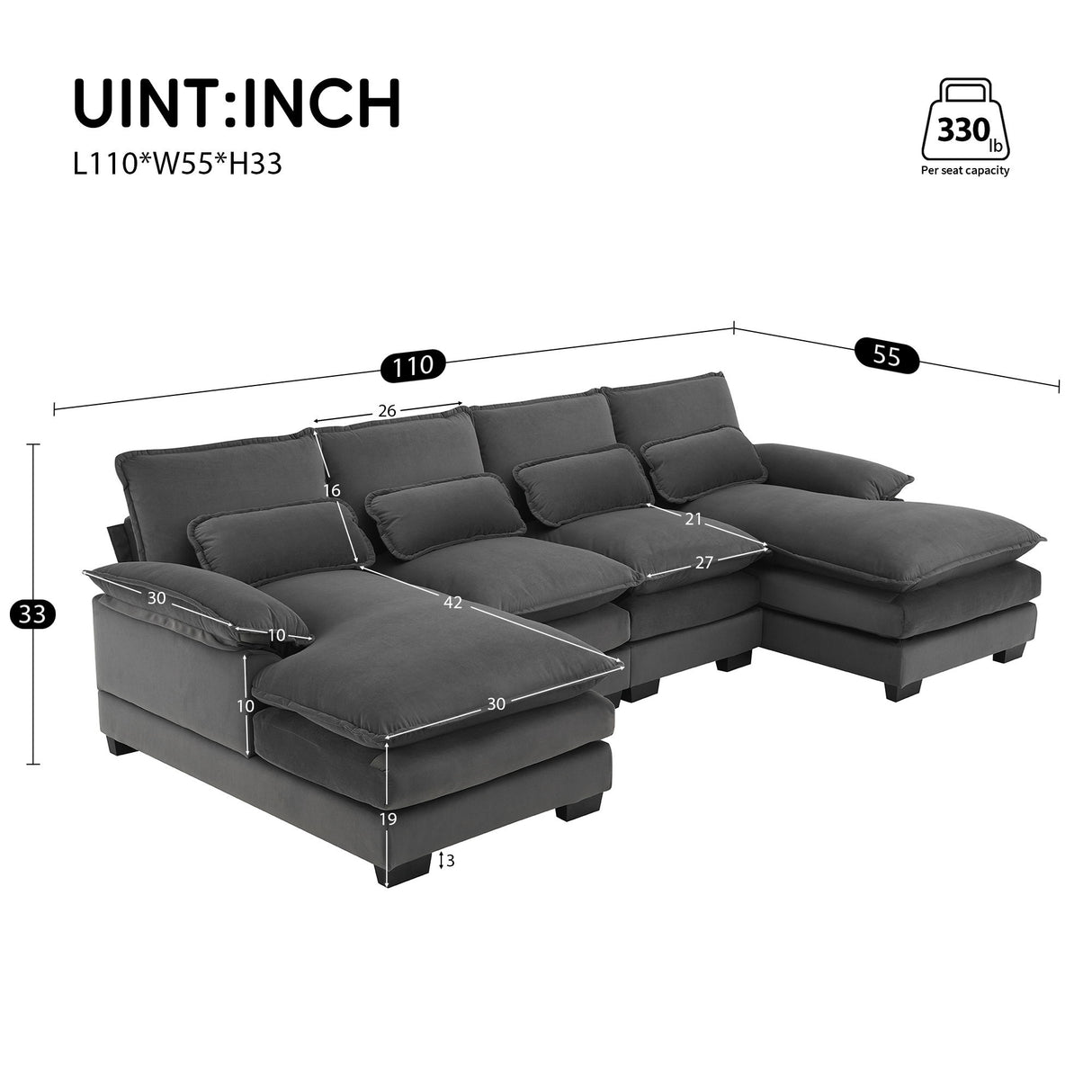 Modern U-Shaped Sectional Sofa With Waist Pillows, 6 Seat Upholstered Symmetrical Sofa Furniture, Sleeper Sofa Couch With Chaise Lounge For Living Room