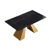 63" Modern Artificial Stone Black Straight Edge Golden Metal Leg Dining Table, 6 People - Black / Gold