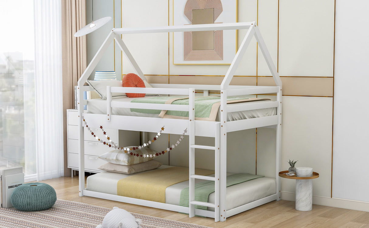 Twin Over Twin Low Bunk Bed, House Bed With Ladder - White