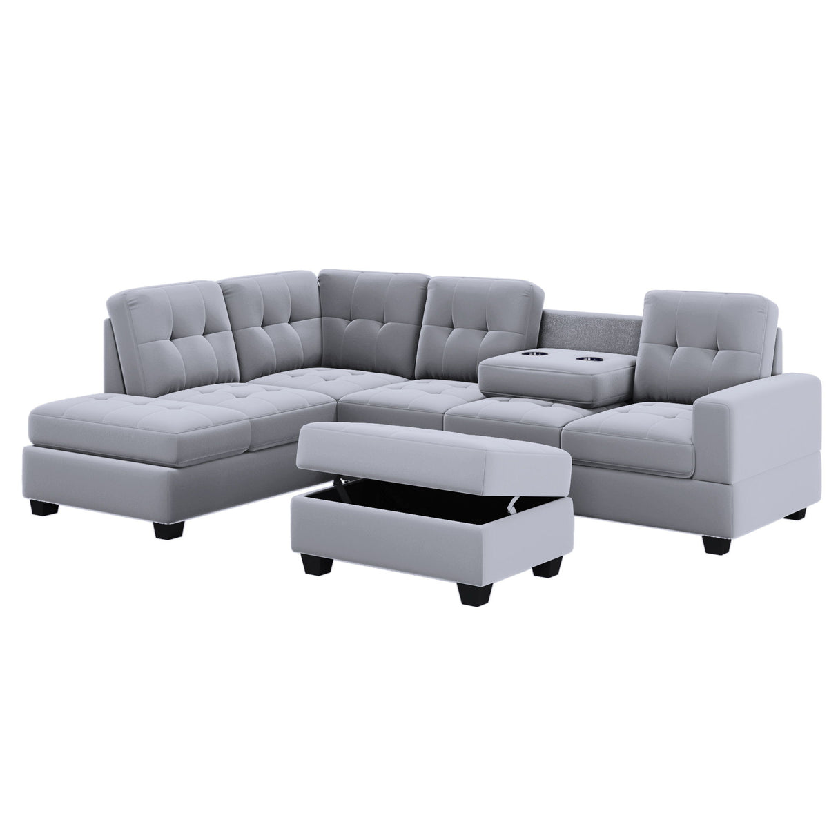 Sectional Sofa With Reversible Chaise Lounge, L-Shaped Couch With Storage Ottoman And Cup Holders