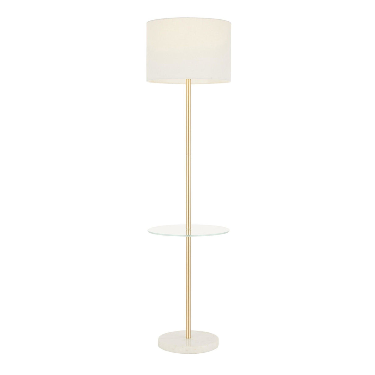 Chloe - Shelf Floor Lamp - White Marble Base, Clear Glass Shelf And White Linen Shade