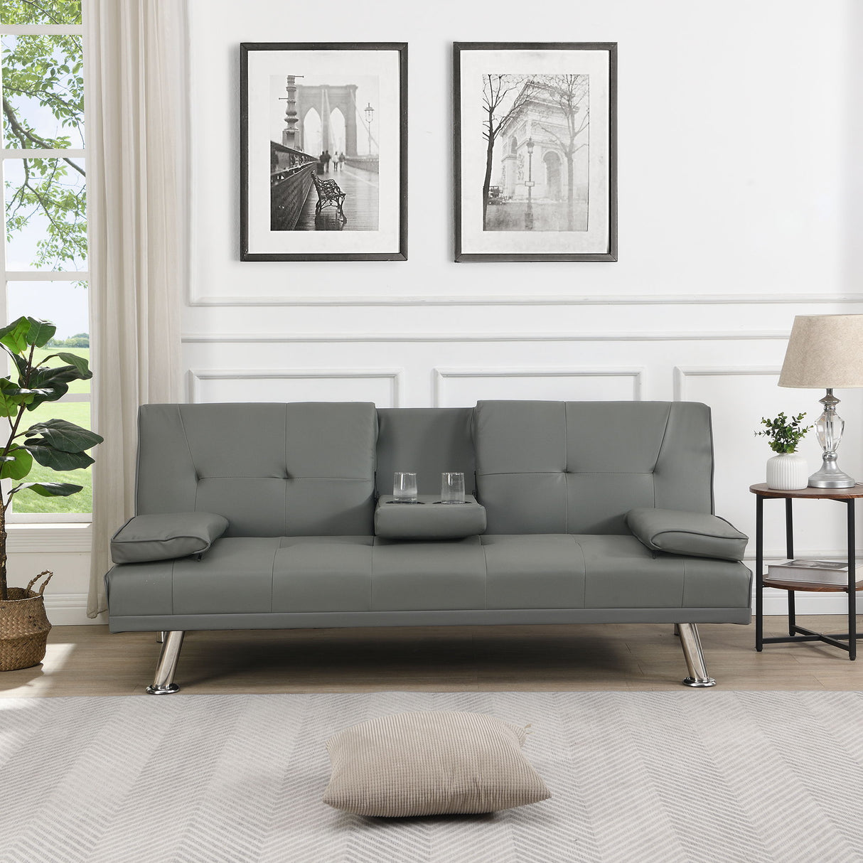 Sofa Bed With Armrest Two Holders Wood Frame, Stainless Leg Futon