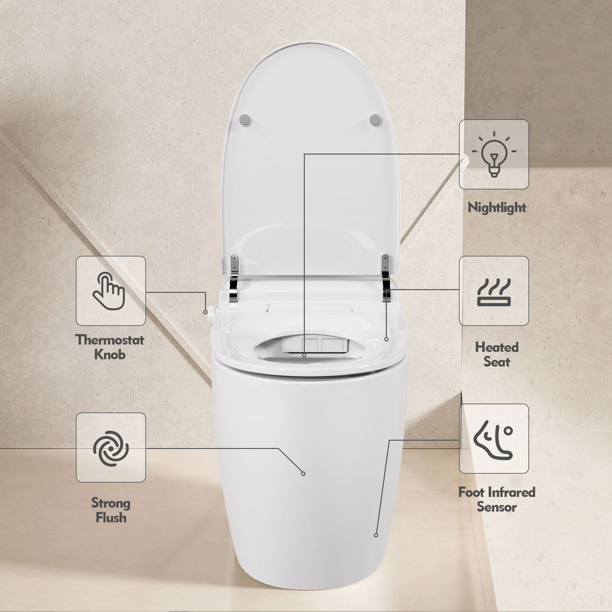 Heated Seat Smart Toilet, One Piece Toilet, Automatic Flush Tank Less Toilet Without Bidet, With Foot Sensor Flush - White Night Light, Knob Control, Power Outage Flushing, Soft Close Cover - White