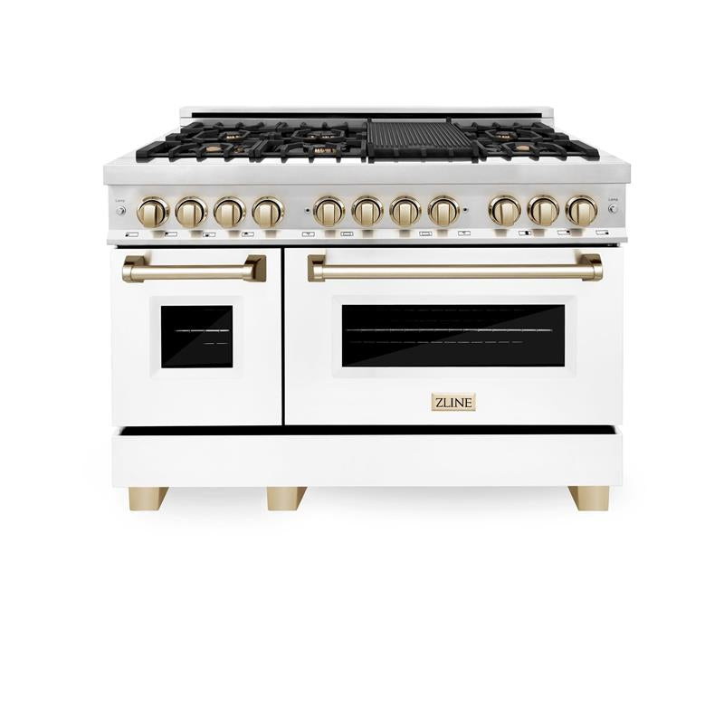 ZLINE Autograph Edition 48" 6.0 cu. ft. Dual Fuel Range with Gas Stove and Electric Oven in Stainless Steel with White Matte Door with Accents (RAZ-WM-48) [Color: Champagne Bronze] - (RAZWM48CB)