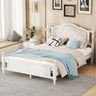 Pine Wooden Bed With Upholstered Headboard And Panel Footboard, With Two Bed Rail Support Feet And Central Platform Support Feet